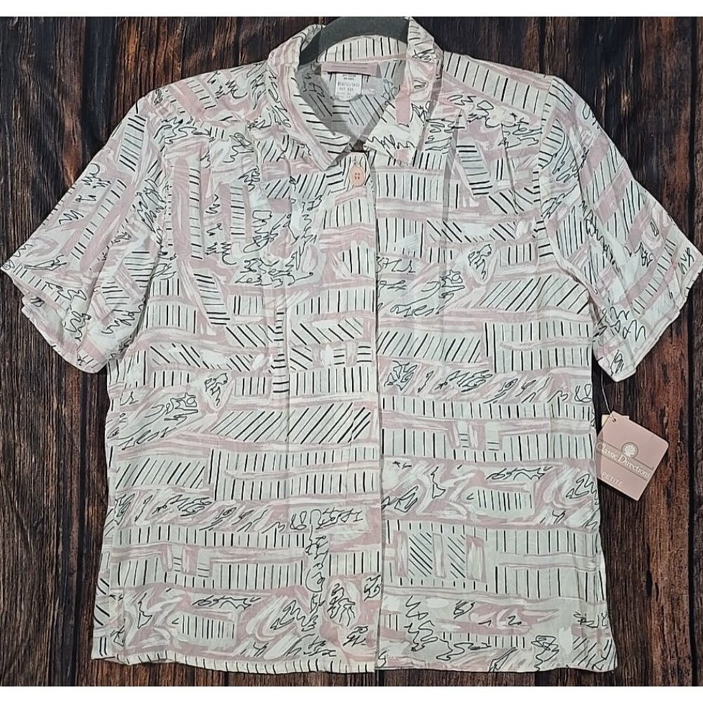 Vintage Rayon Blouse 80s Graffiti Print Classic Directions Dressy Pink 12 Petite